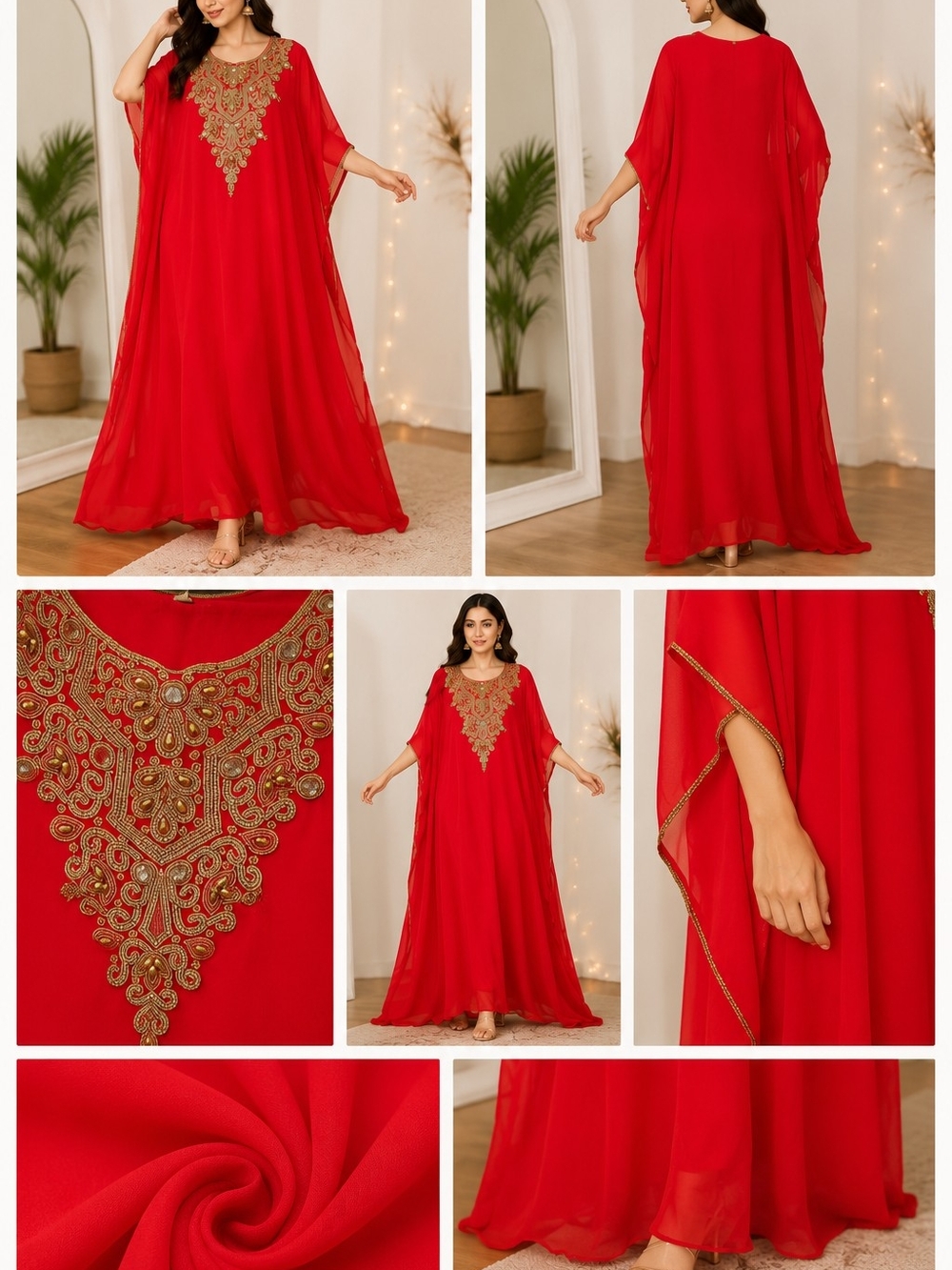 Elegant Red Embellished Kaftan Dress Free Size